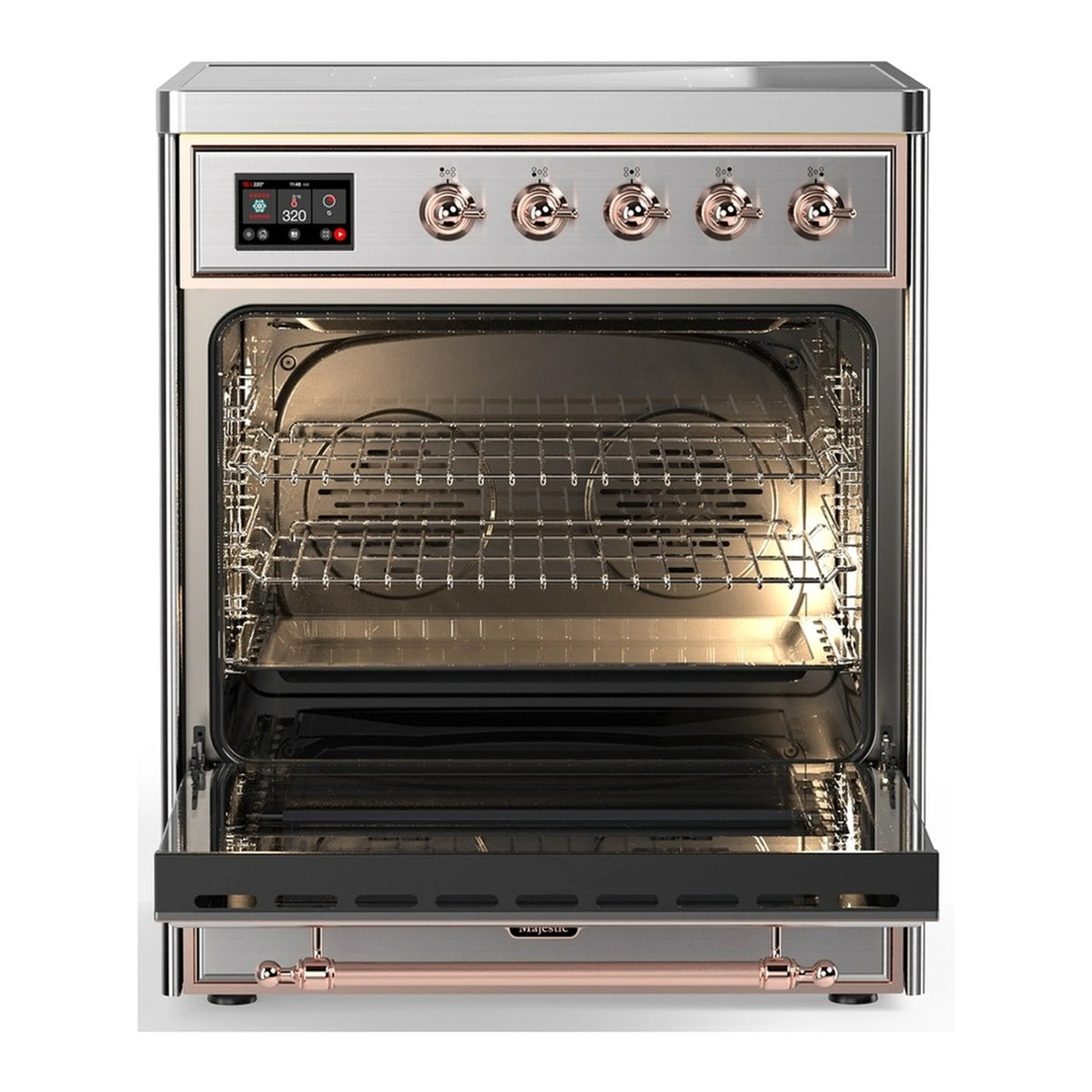 Stainless steel electric oven with racks and interior lighting