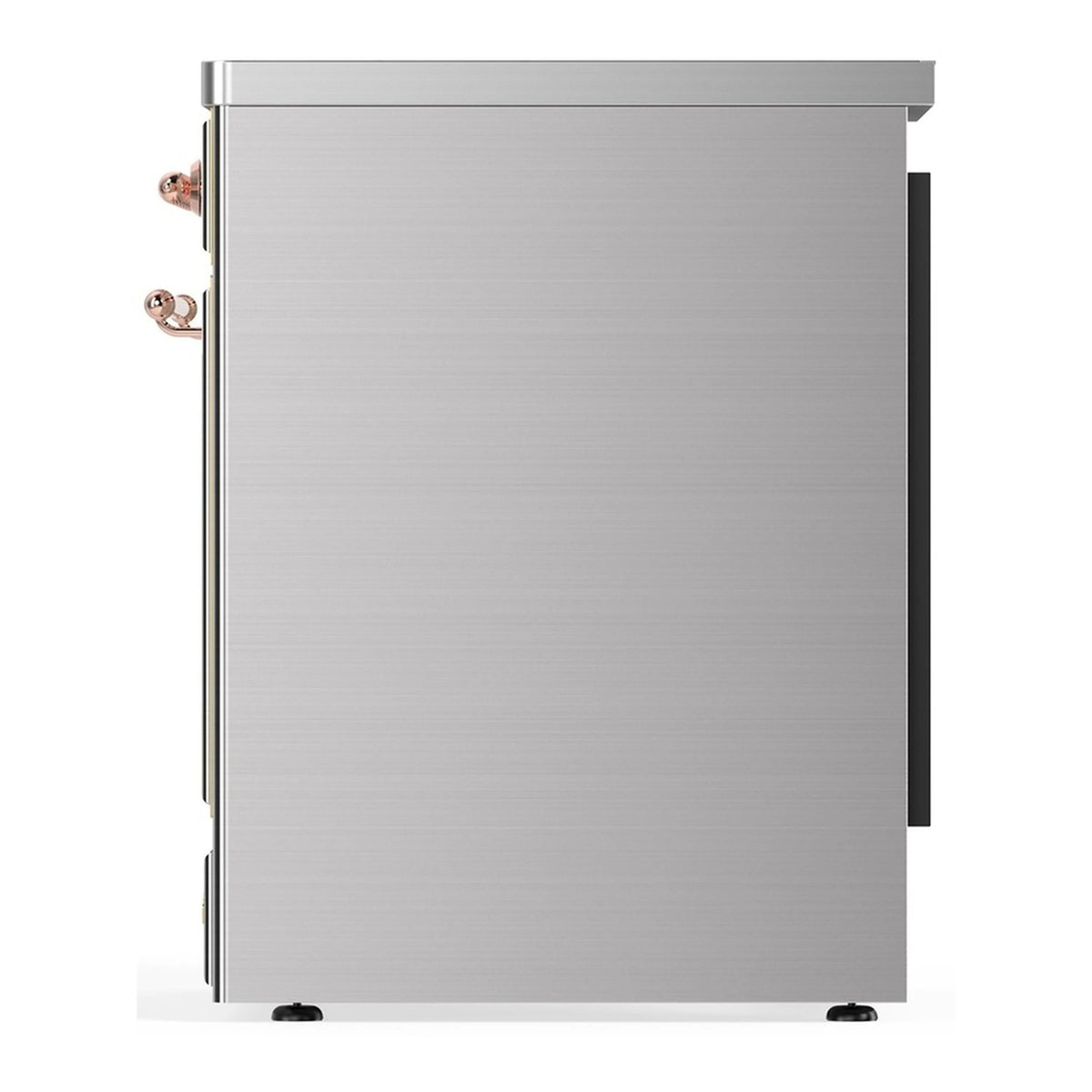 Stainless steel oven door with copper handle detail and side trim