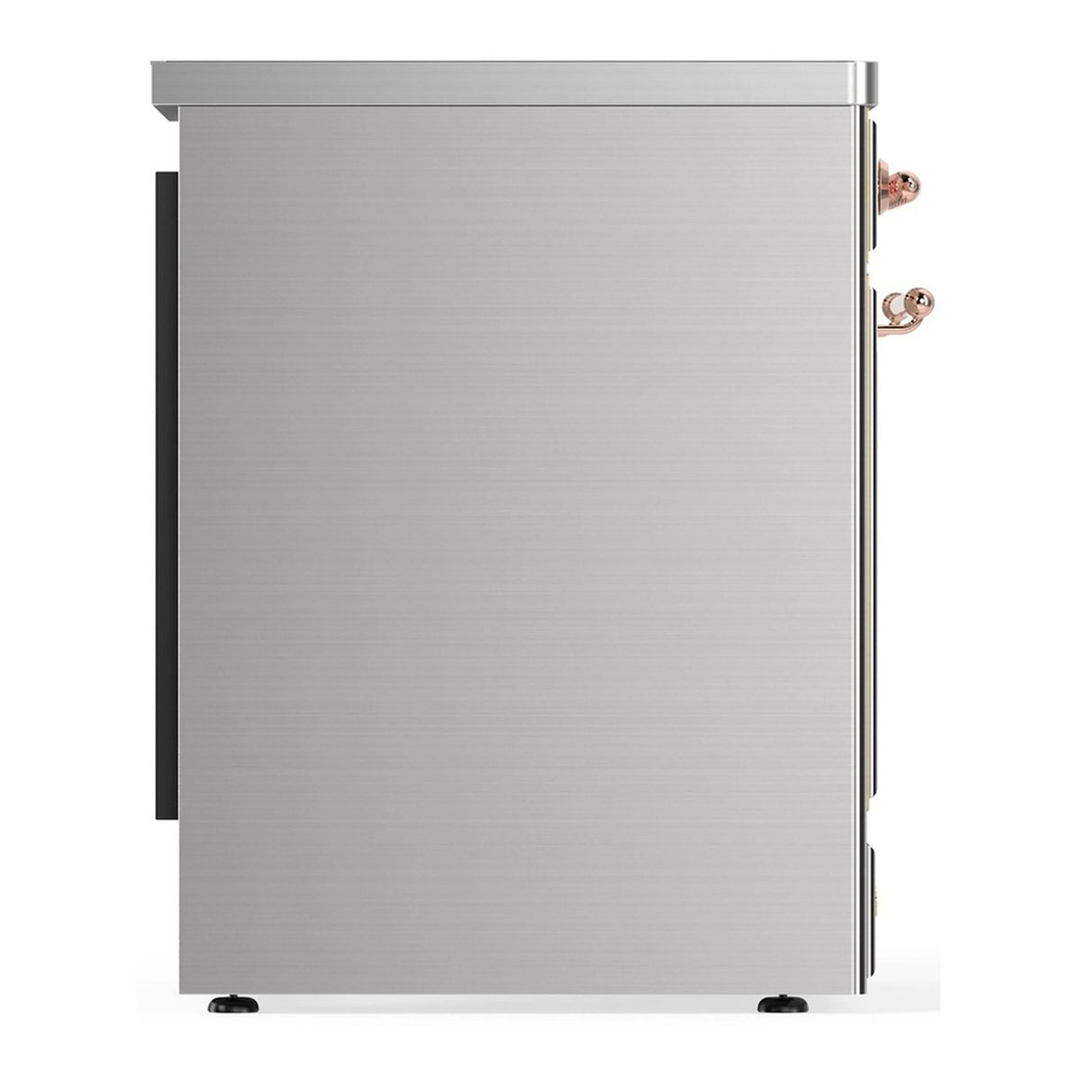 Stainless steel oven side panel with copper handle hardware