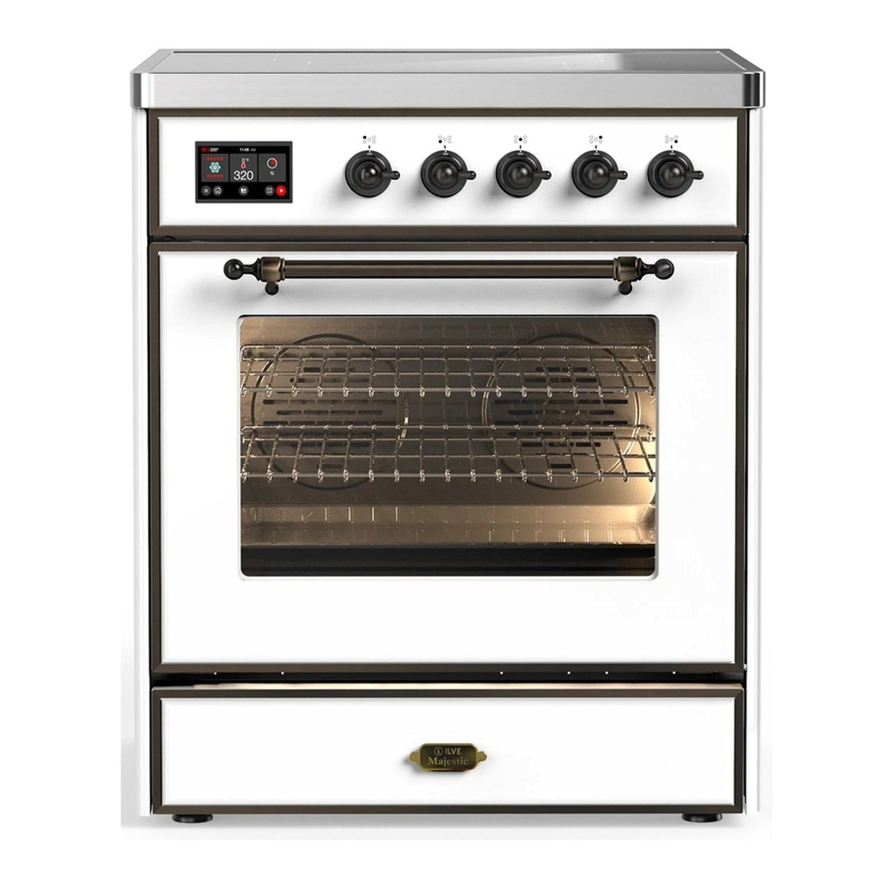 White induction range with four burners, control panel, and triple-glass oven door