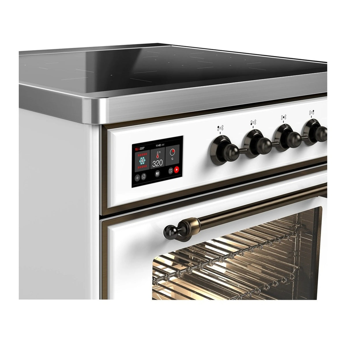 White induction range control panel with round black knobs and oven handle