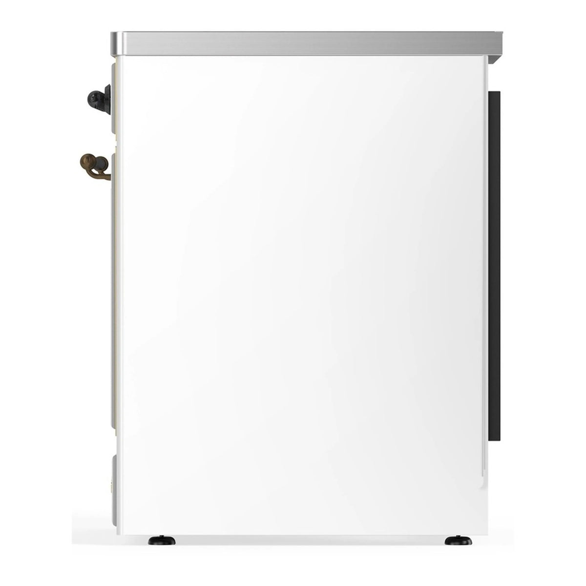 White oven door panel with stainless trim and side hinge hardware