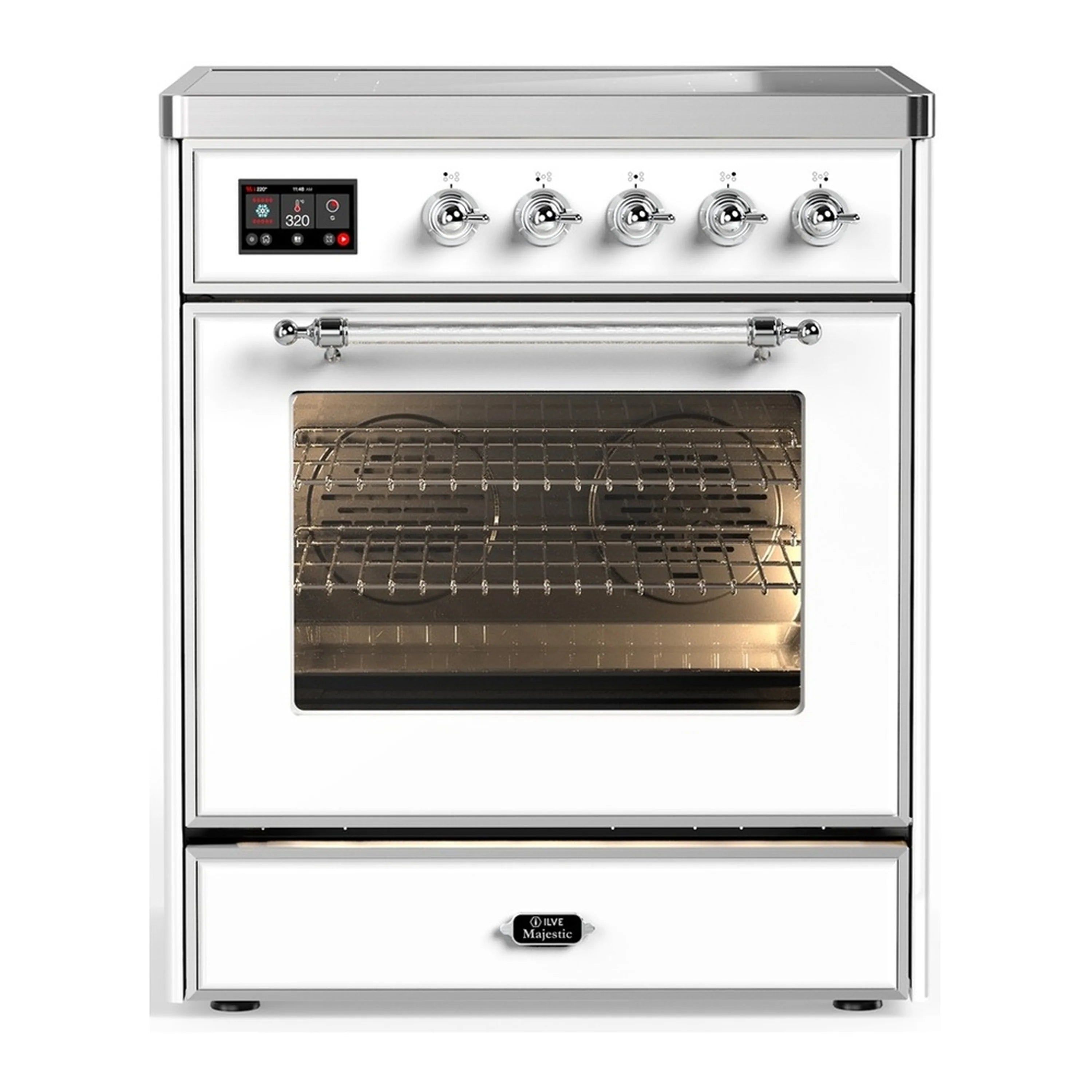 White induction range with chrome trim, open triple-glass oven door and 5 control knobs