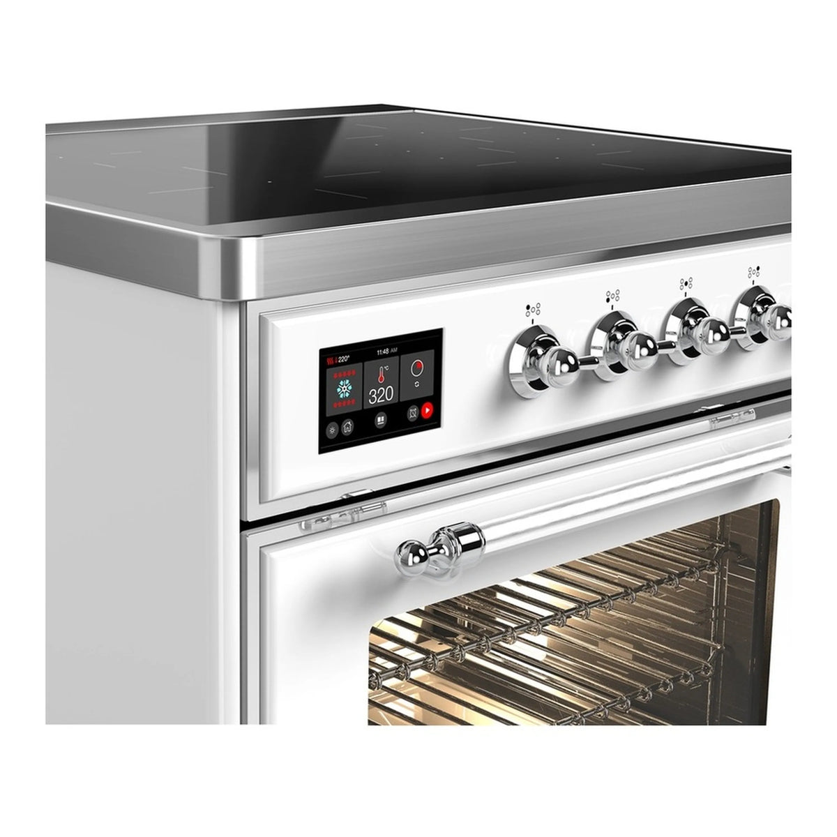 White induction range front with digital display, chrome knobs, and open oven with racks