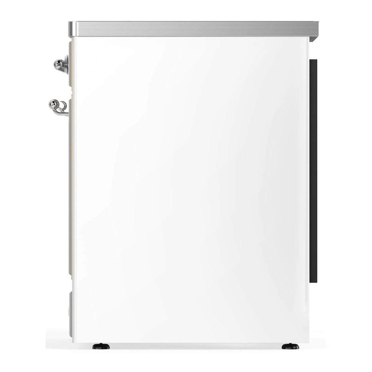 White oven door side panel with chrome trim and metal handle hardware