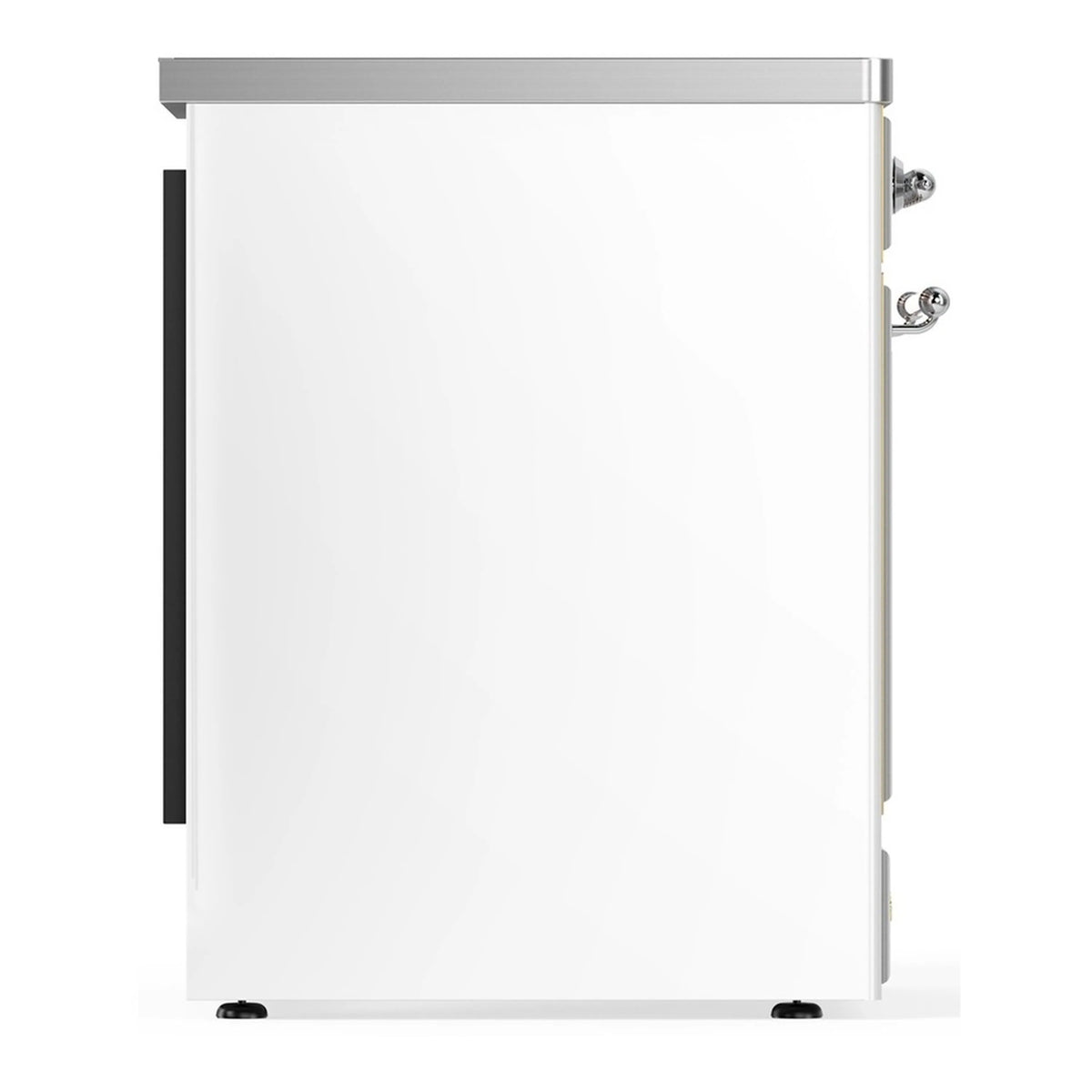 White induction range side view with chrome trim, handle, and leveling feet