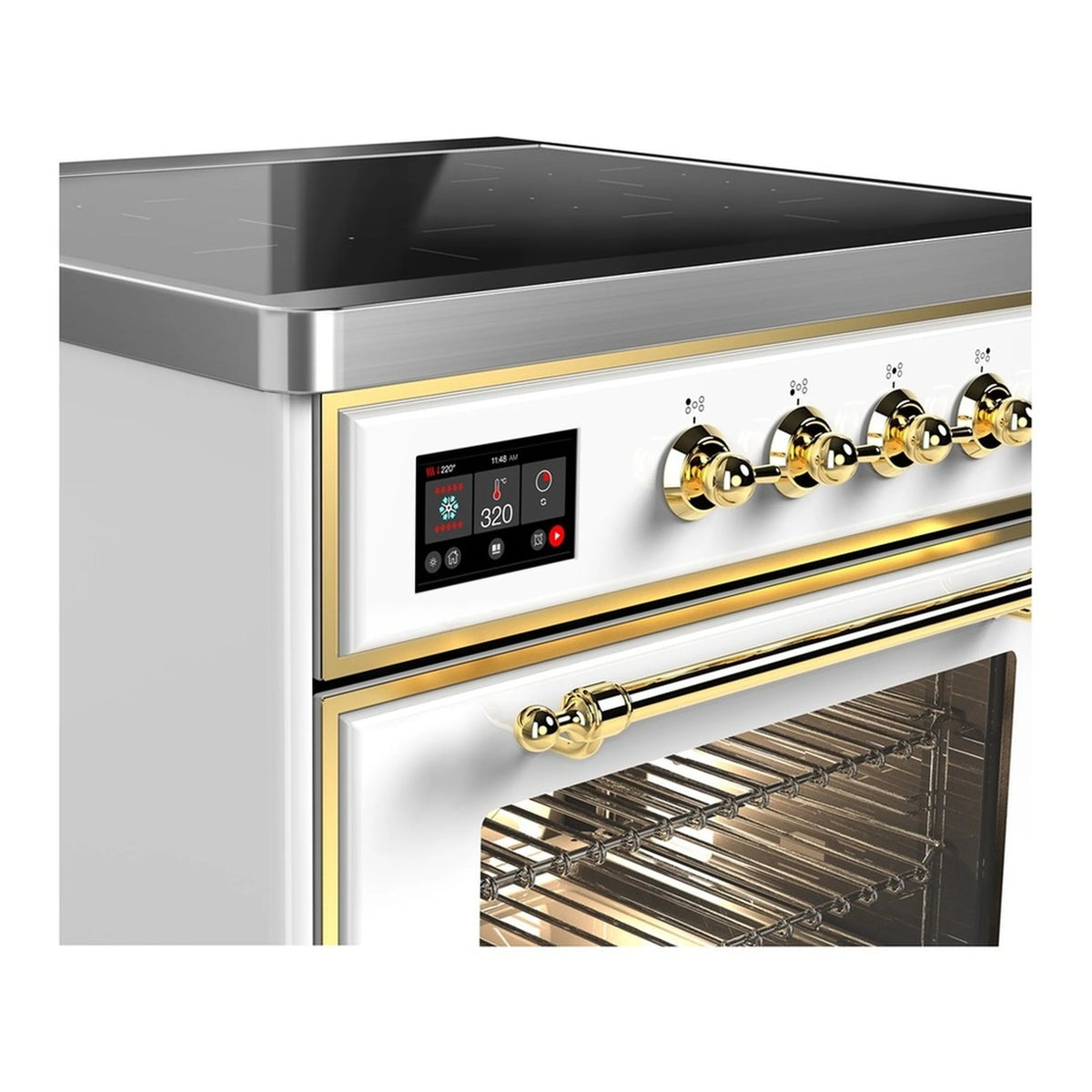 White induction range with brass trim, control panel, and open glass oven door