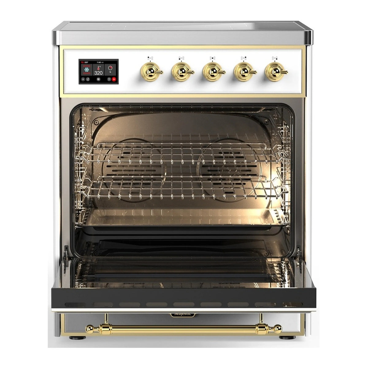 White induction range oven with open door, wire racks, and brass trim
