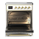 ILVE Majestic III 30-Inch Induction Range with 4 Induction Elements and Triple Glass Door Electric Oven in White with Brass Trim (UMIB30NR3WHG)