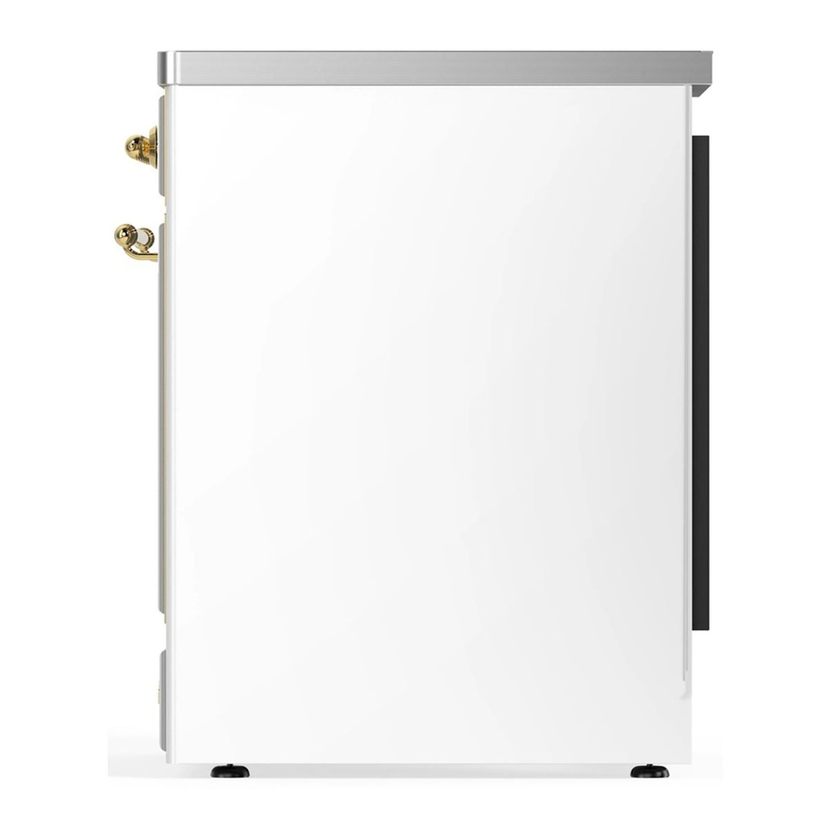 White oven door panel with brass hinges and side handle