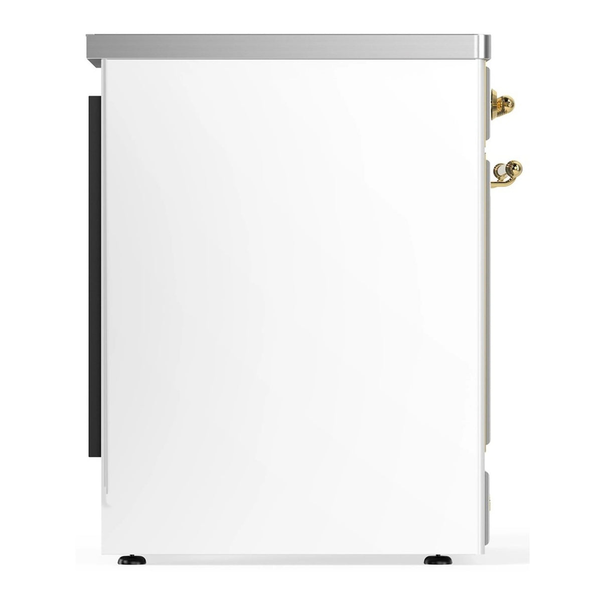 White range oven door with brass hinges and black side handle