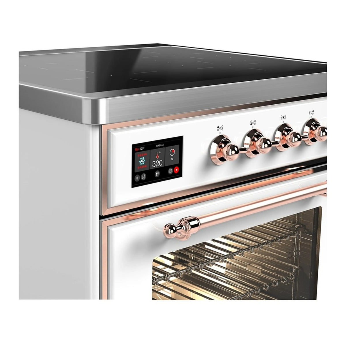 White induction range with copper-trim knobs, display, and visible oven cavity