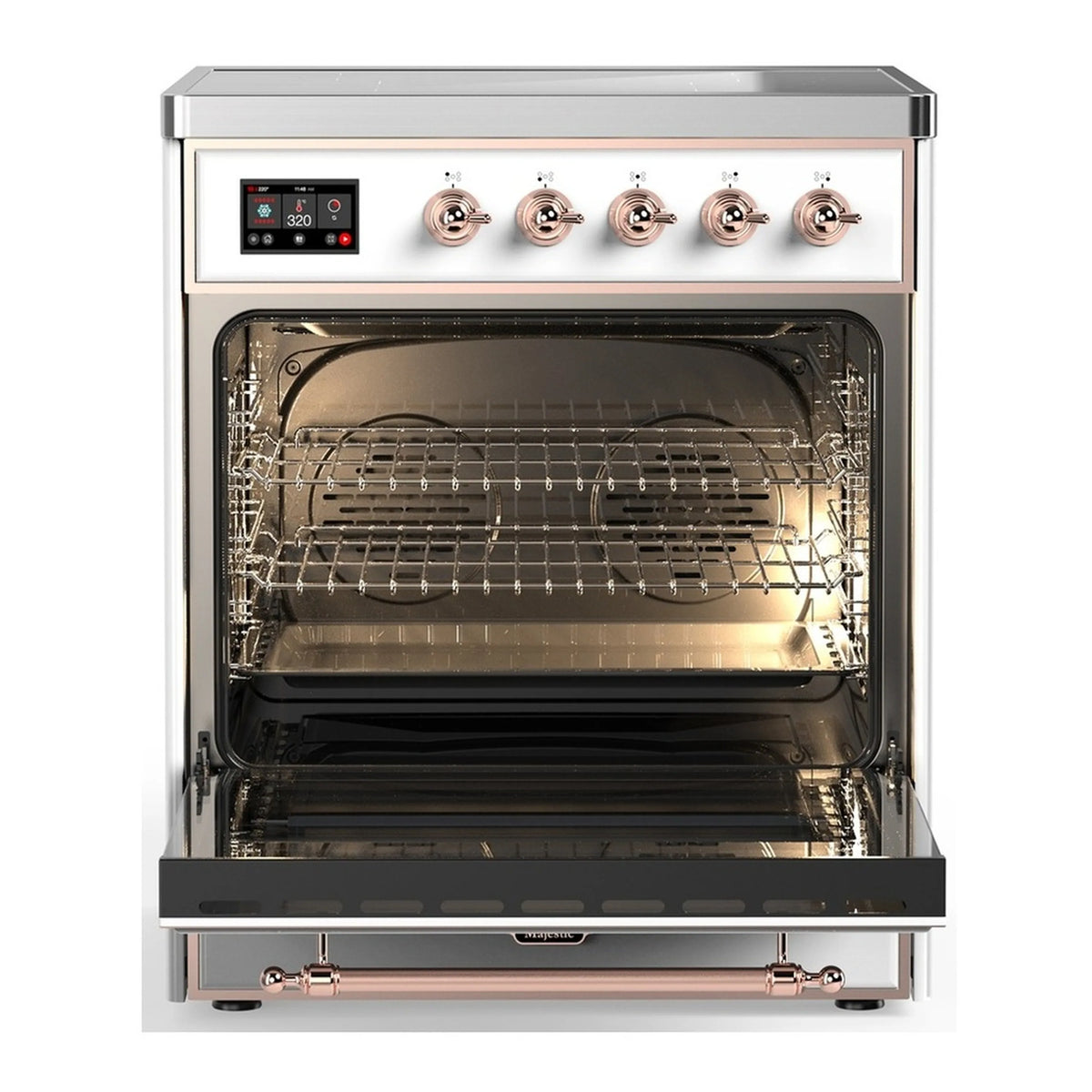White oven door open showing racks, plus copper-trim induction controls
