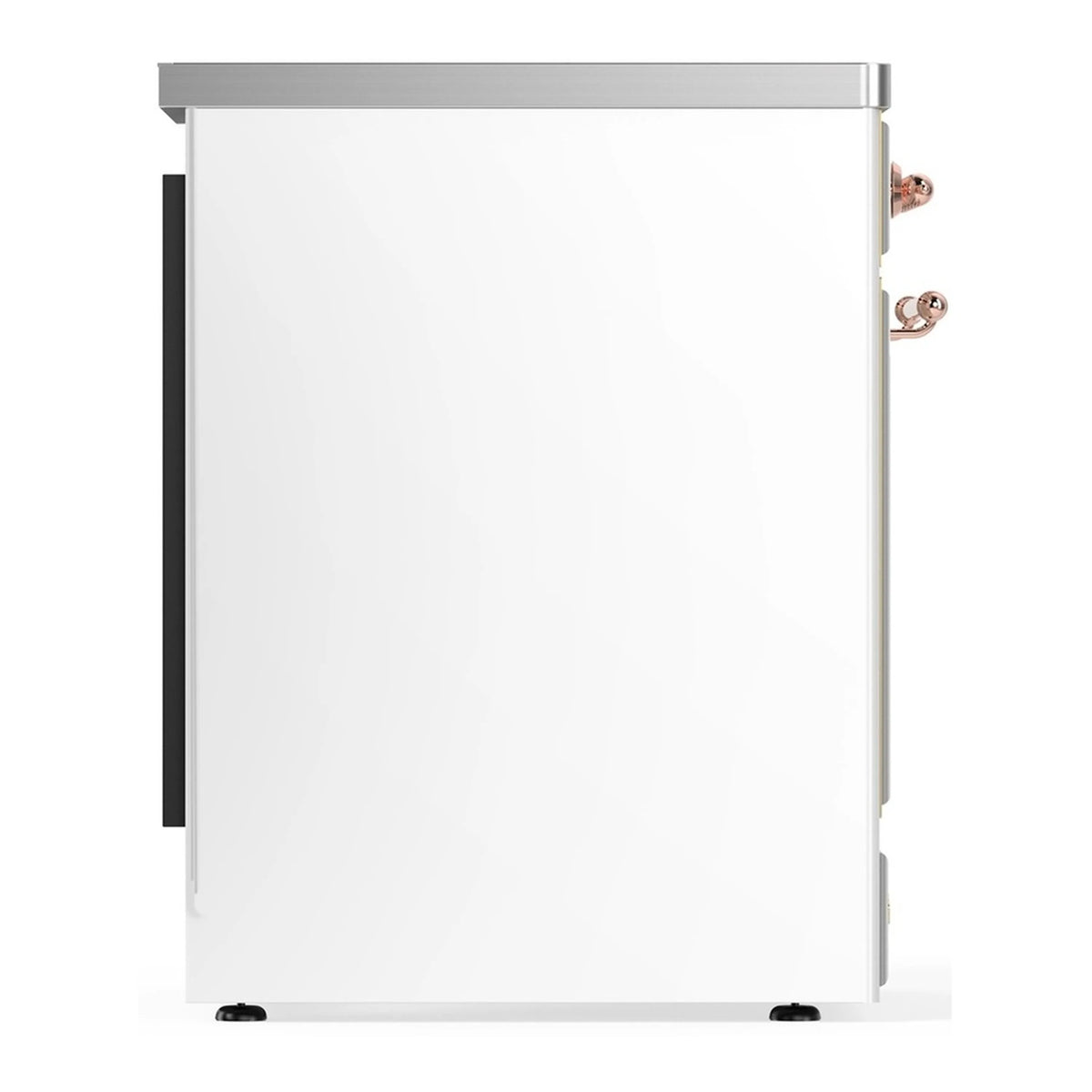 White induction range with oven door closed and copper side handle