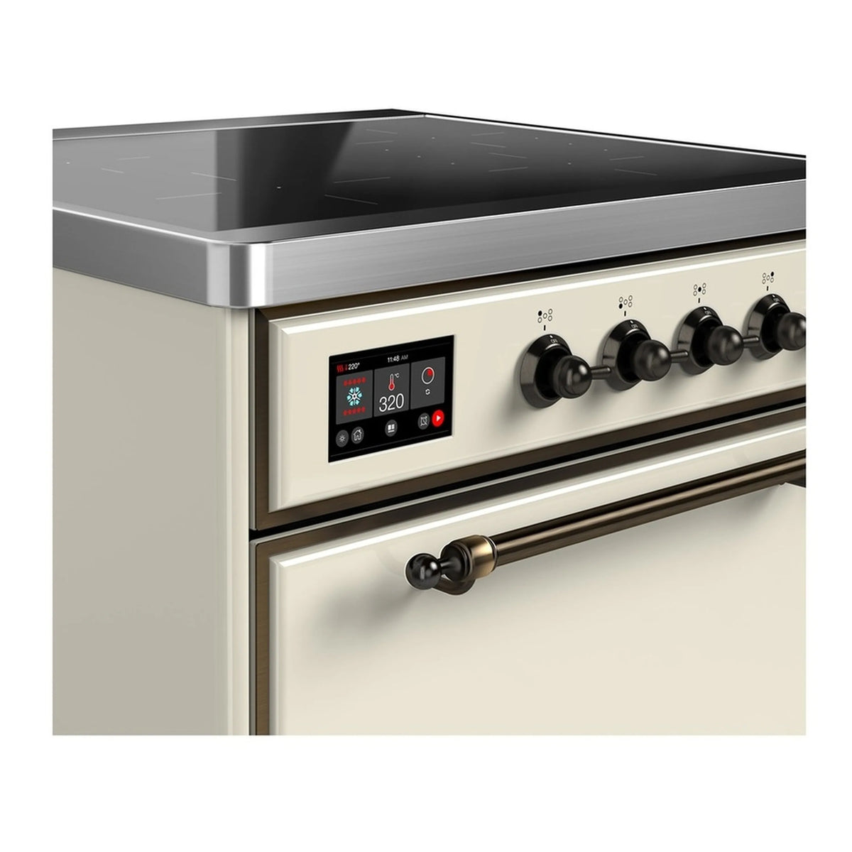 Antique white induction cooktop with four black burner knobs and brass-trim handle
