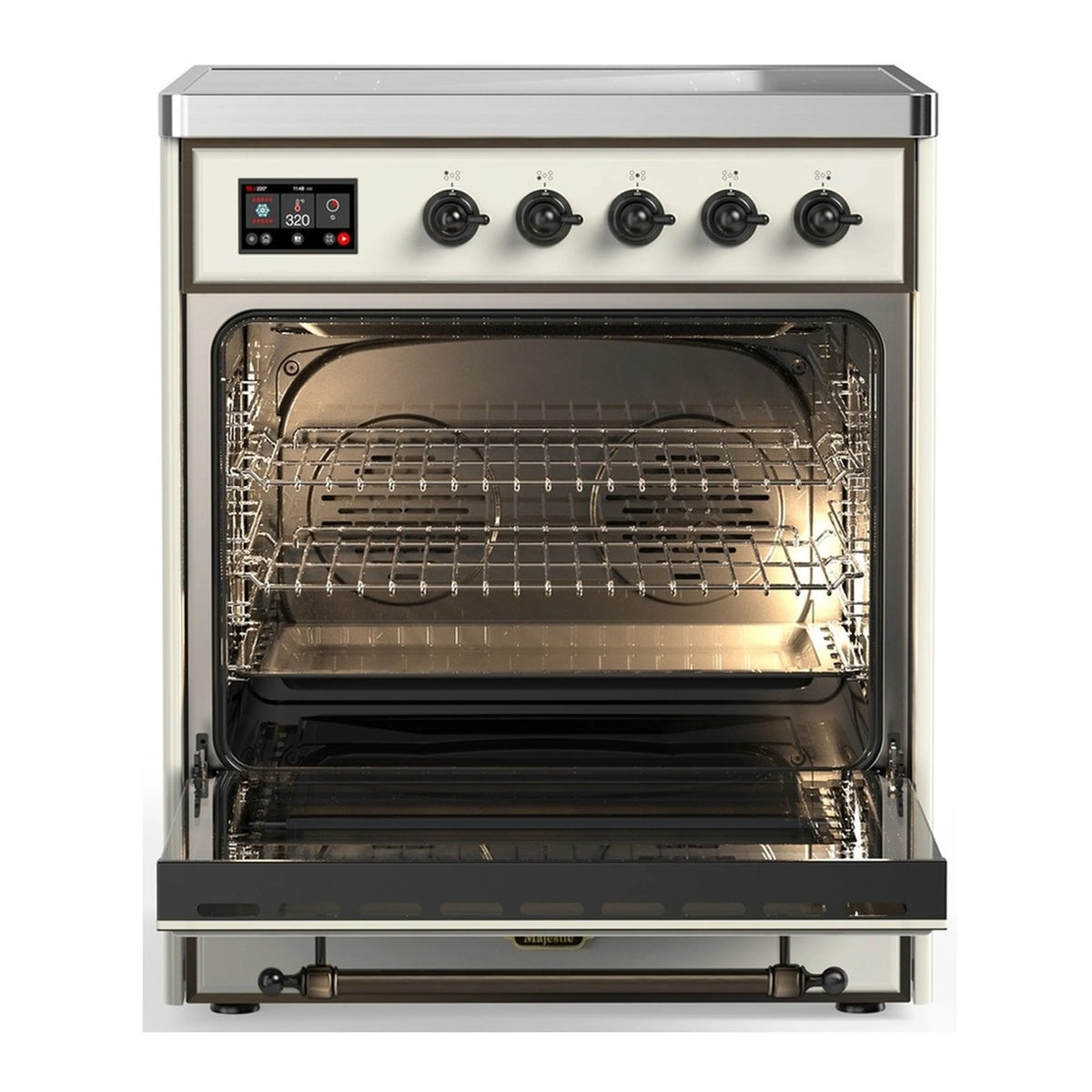 Antique white electric oven with door open, showing oven racks and heating cavity