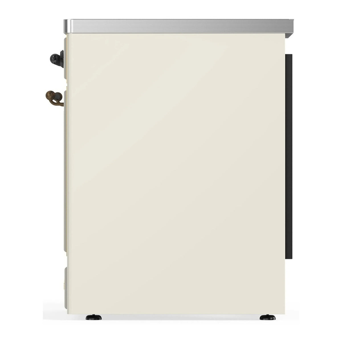 Antique white oven door with black hinges and stainless top trim