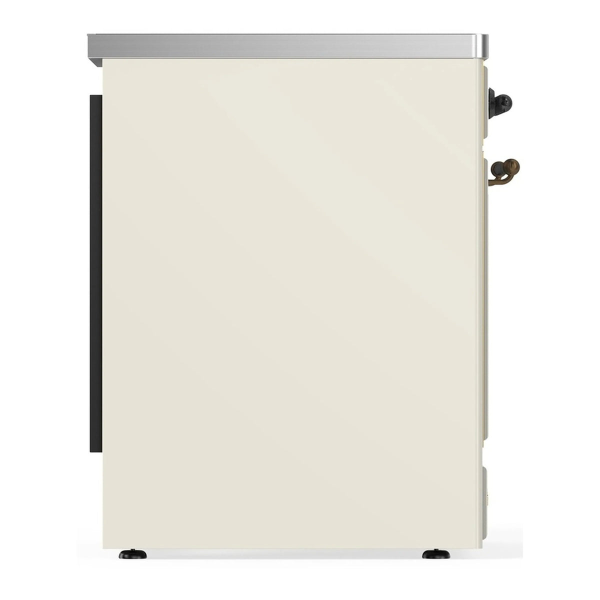 Antique white range side view with brass knobs and black side panel accents