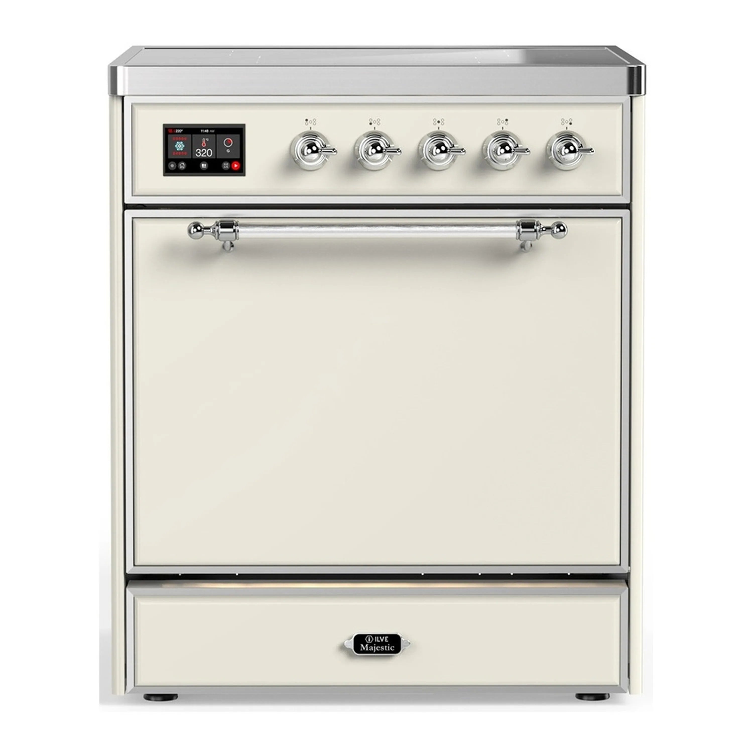 Antique white induction range with chrome control knobs and oven door