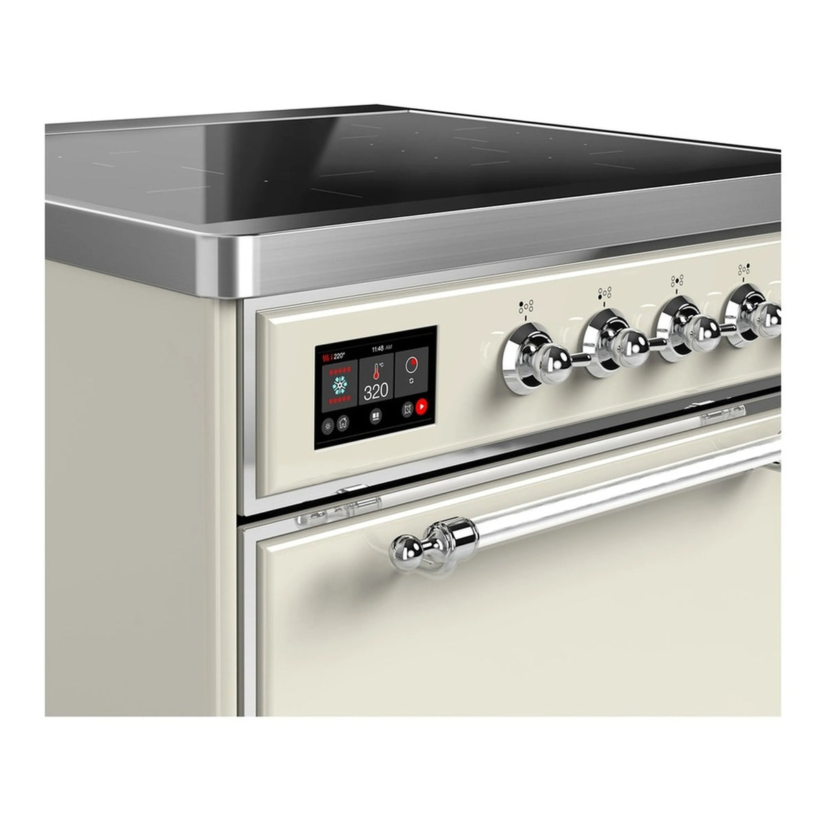 Induction range control panel with digital display, chrome knobs, and oven handle