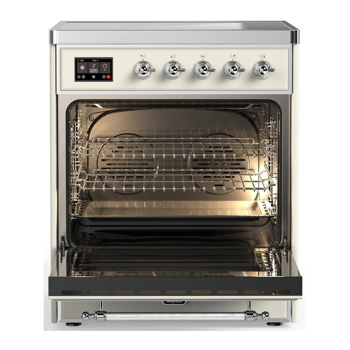 Antique white oven cavity with racks, wire grates, and interior heating