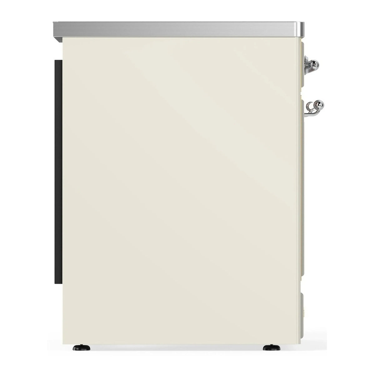 Antique white oven door side view with chrome handle and hinges