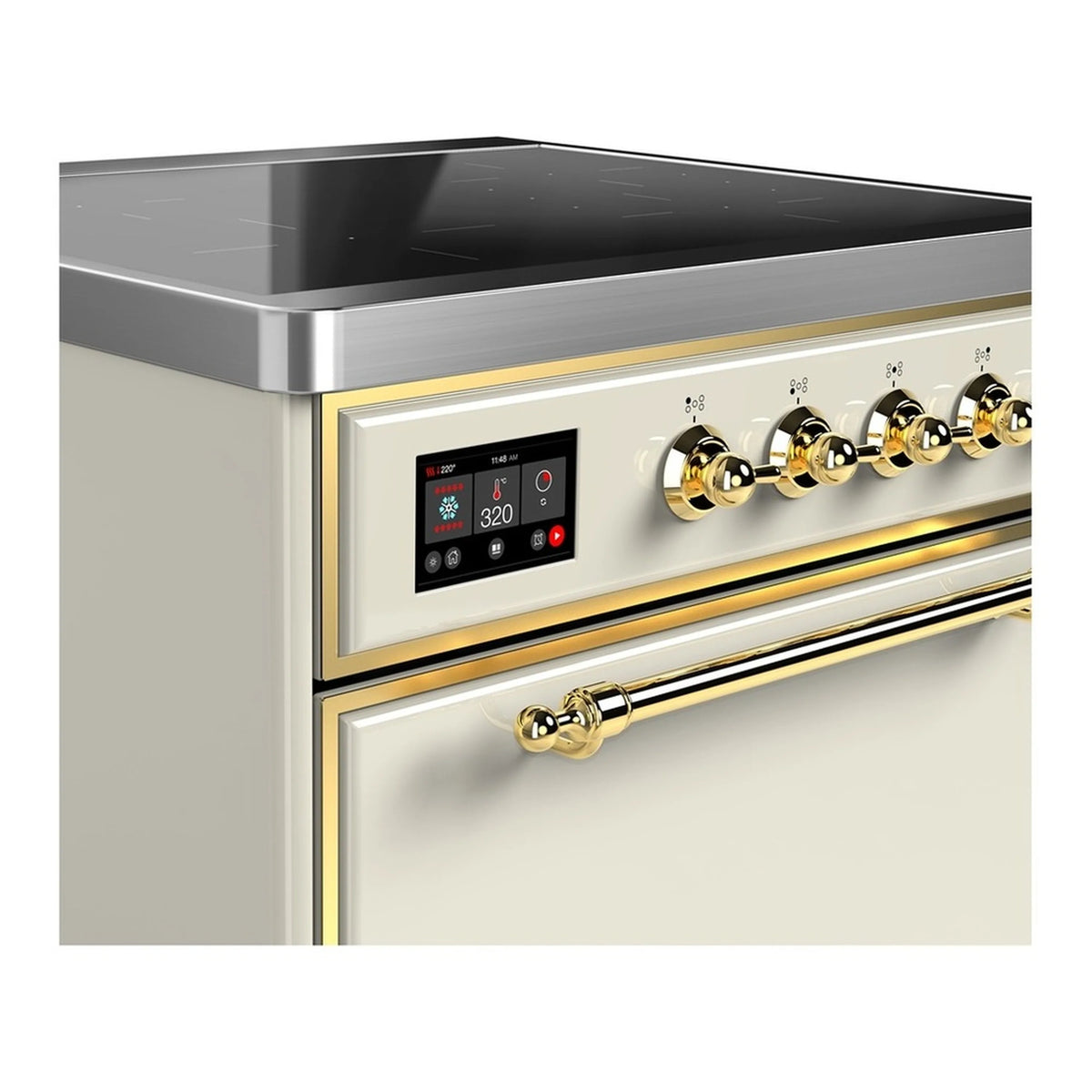 Antique white induction range control panel with digital display and brass knobs