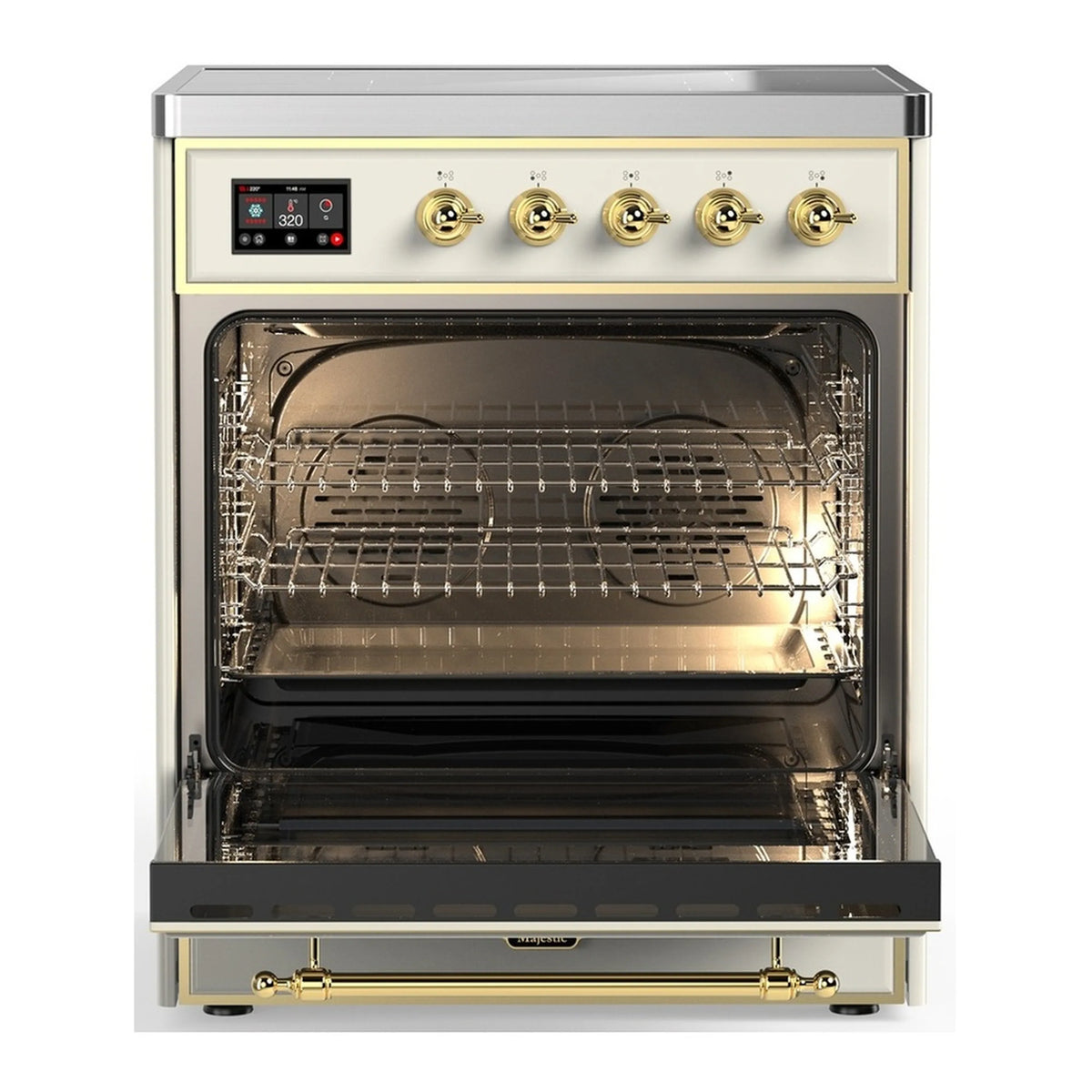 Open induction oven door showing interior racks and heating element area, brass handle