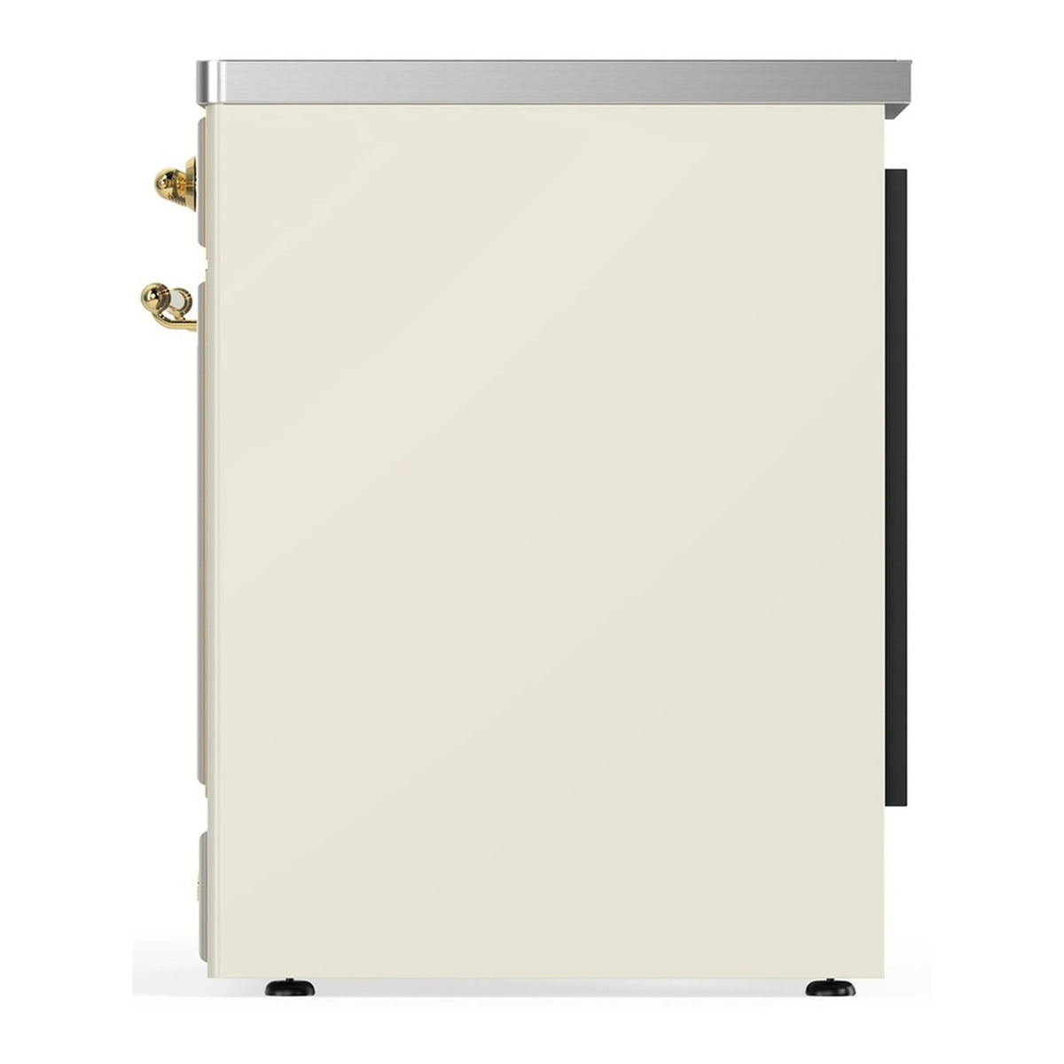 Solid oven door in antique white with brass handle and brushed stainless top trim