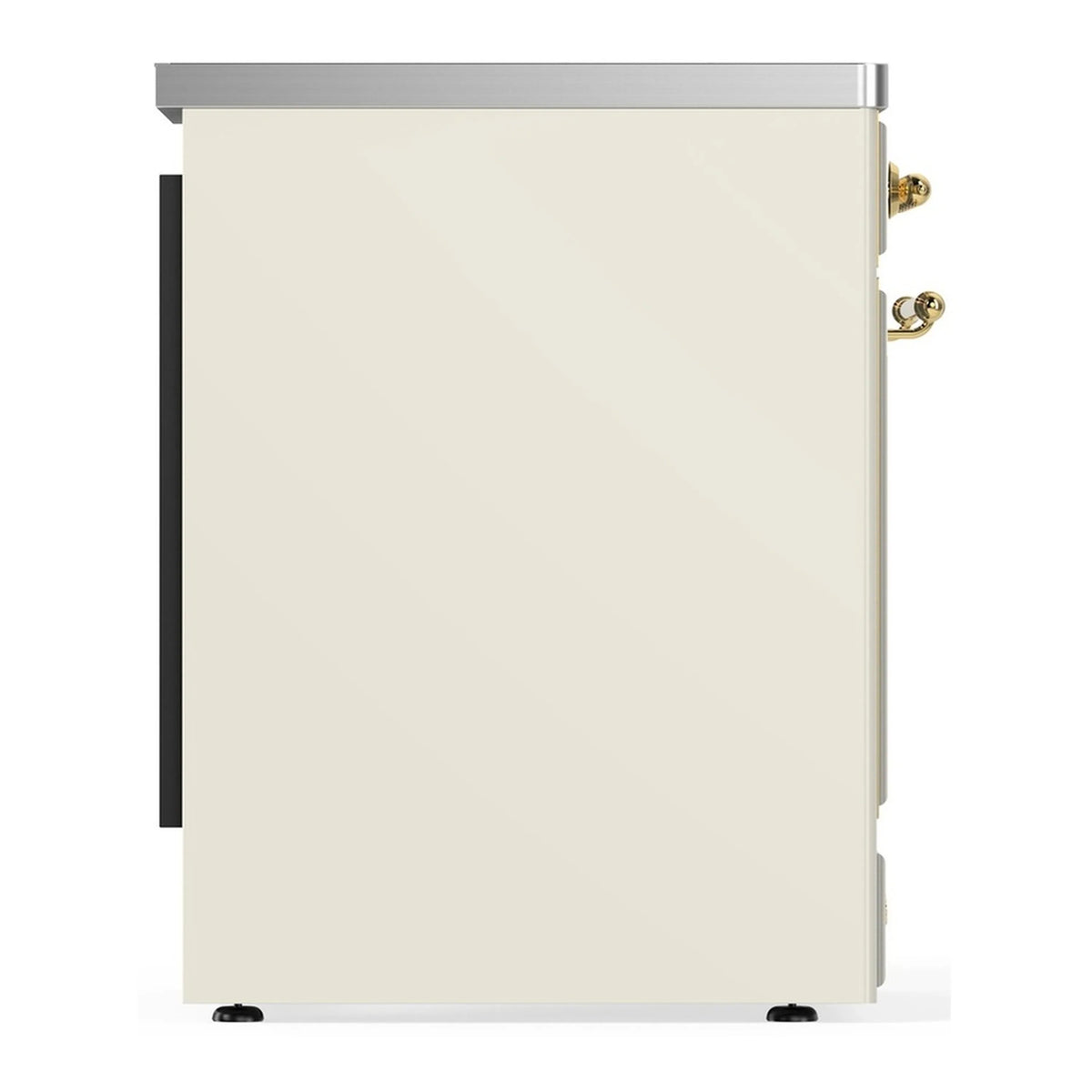 Side view of antique white solid oven door with brass handle and brushed stainless top trim