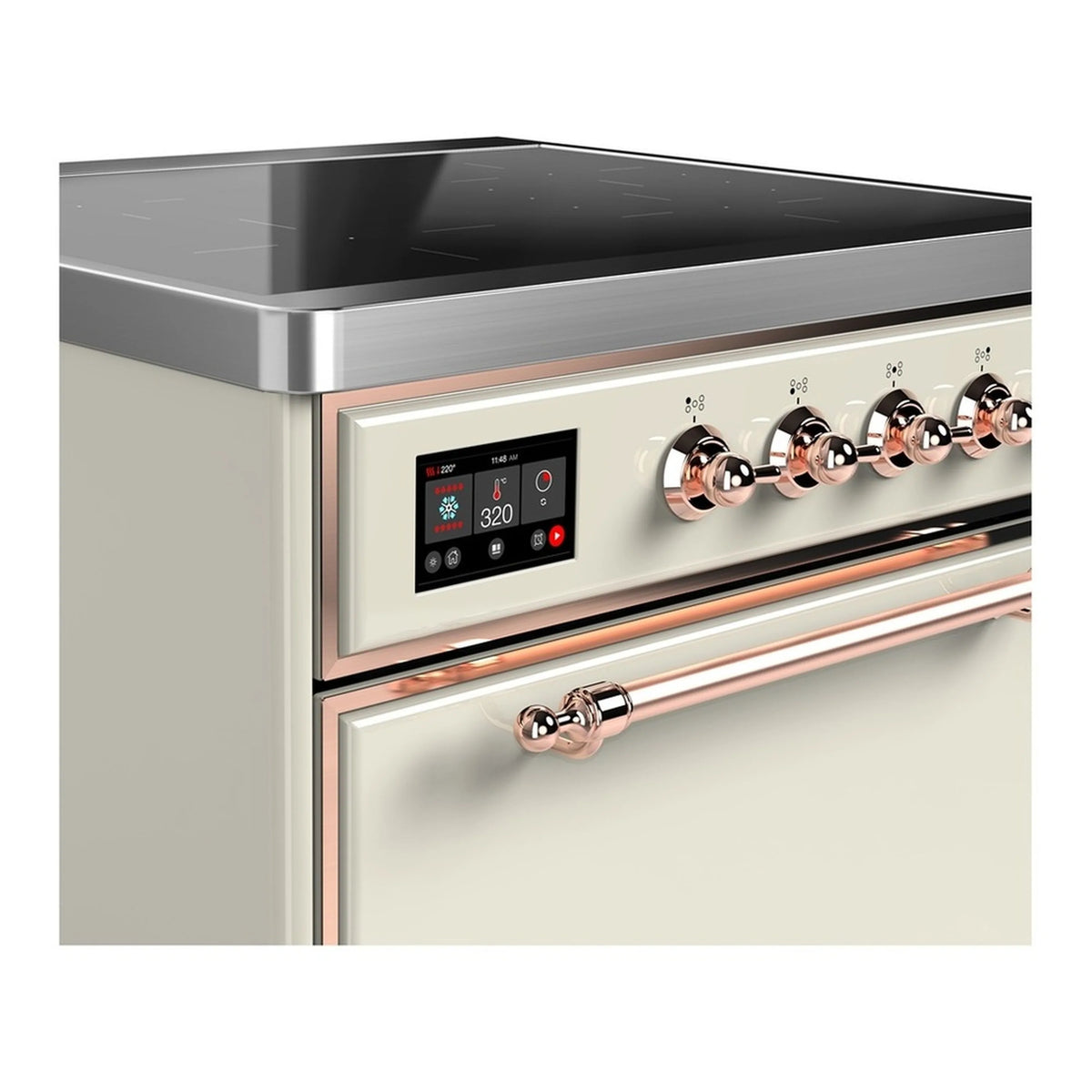 Antique white induction range control panel with digital display and copper knobs