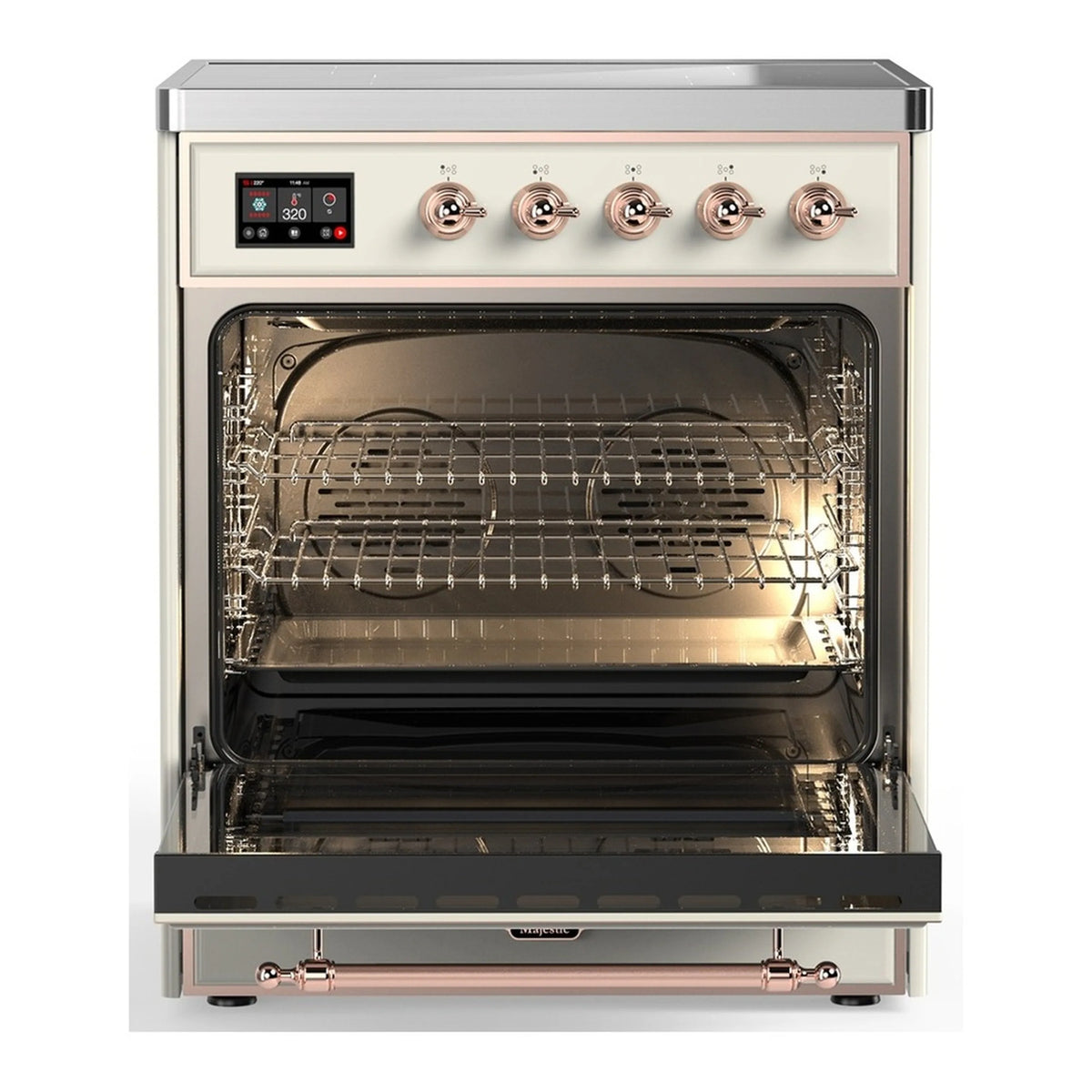 Antique white electric oven with open door, oven racks and heating elements