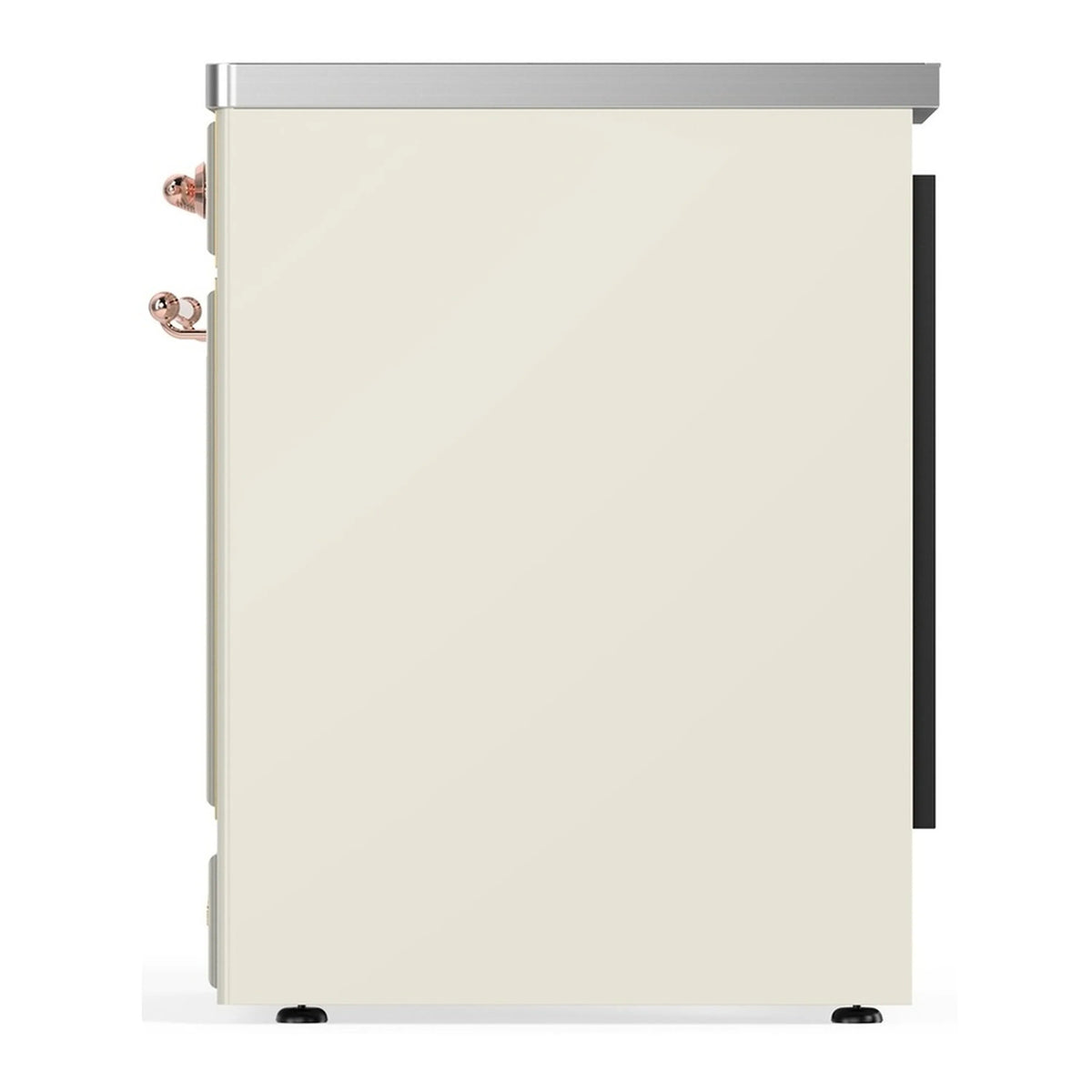 Antique white induction range side panel with copper handle and trim