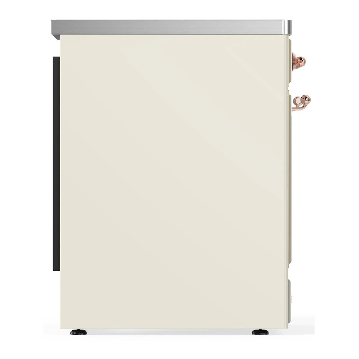 Antique white induction range side panel with copper trim and side controls