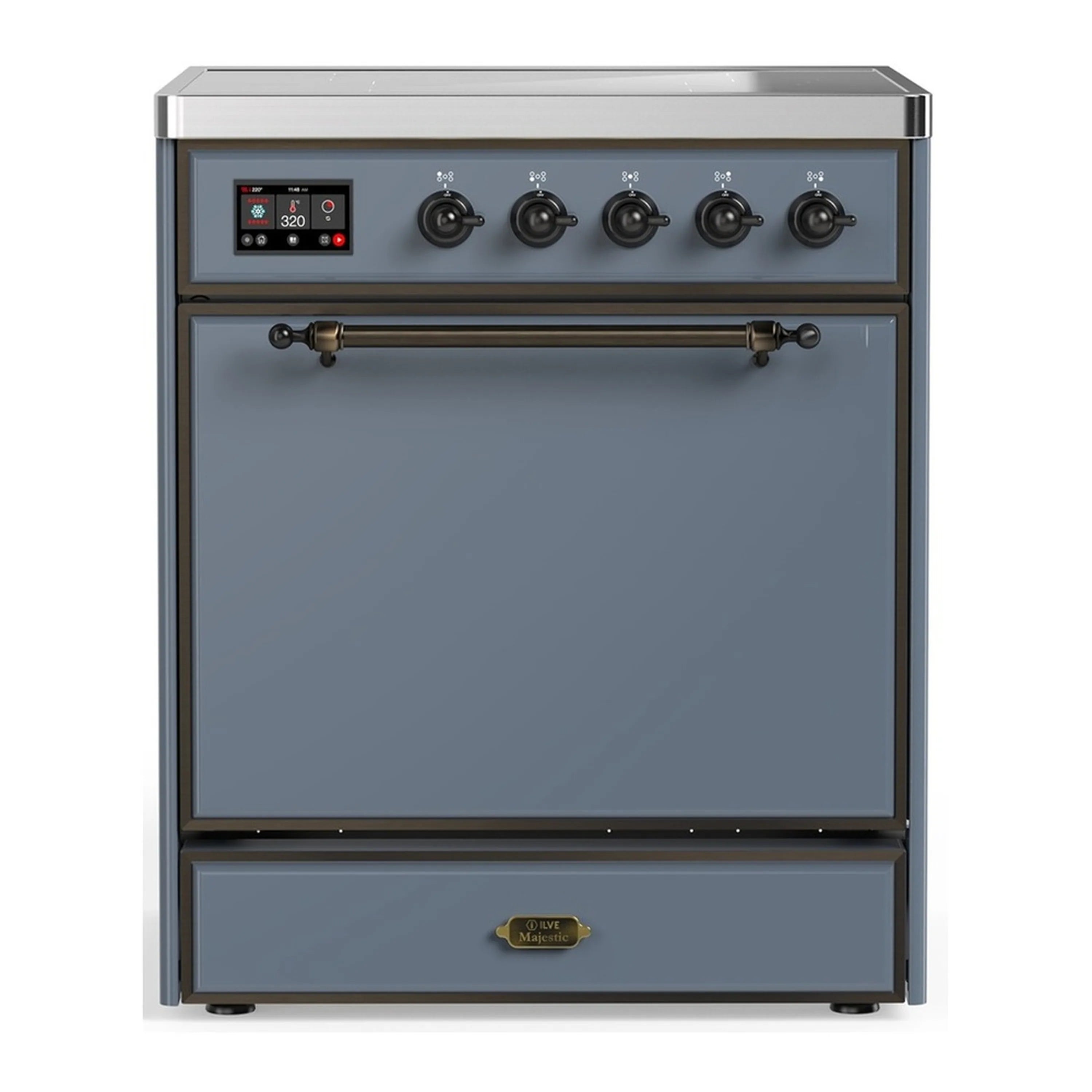 Blue gray induction range with 4 cooktop elements and solid electric oven door