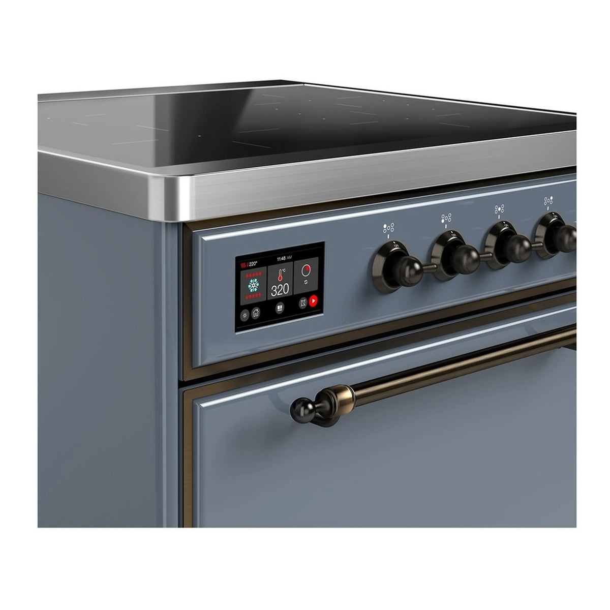 Blue gray induction cooktop control panel with burnished knobs and trim