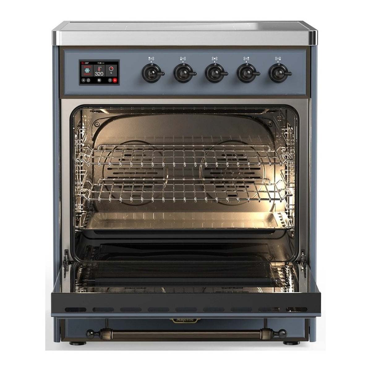 Blue gray electric oven with racks and heating elements visible