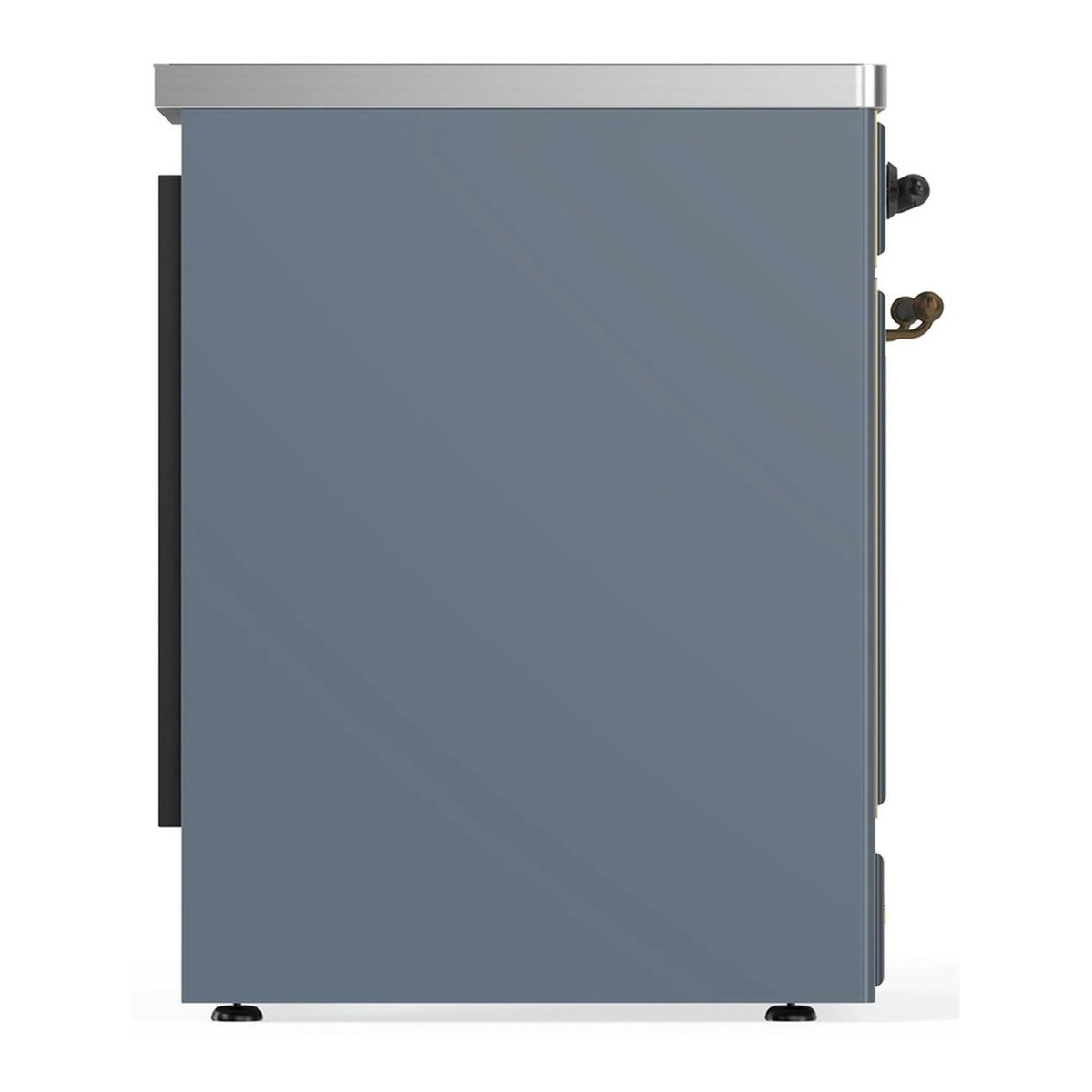Blue gray oven exterior side view with handle and leveling feet