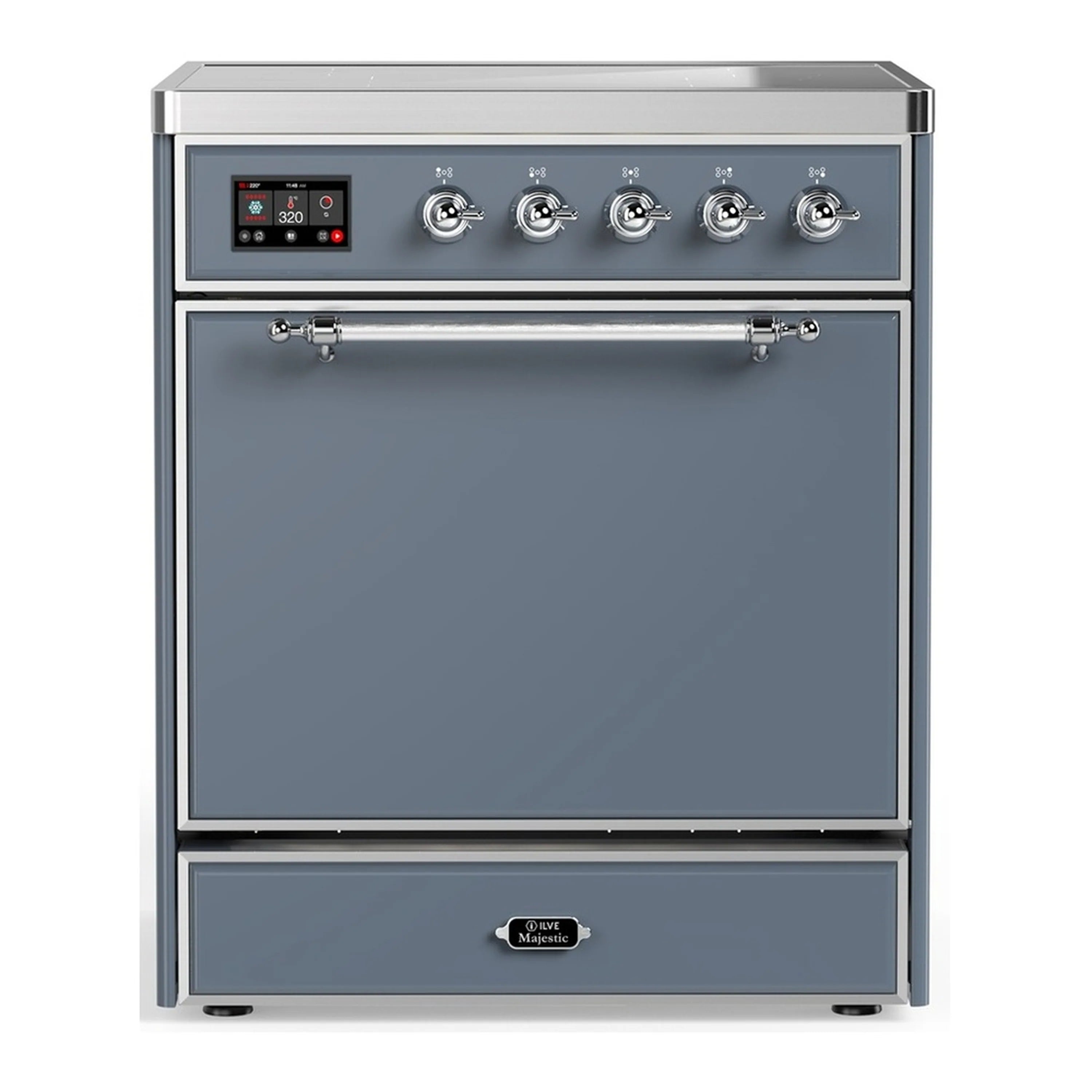 Blue grey induction range with solid door electric oven and chrome control panel