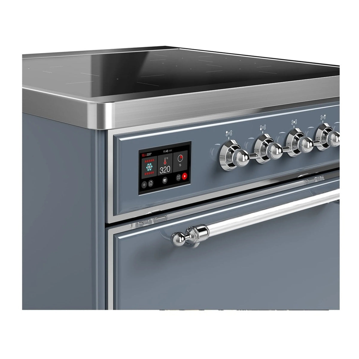 Blue grey range side view with chrome knobs and digital induction display