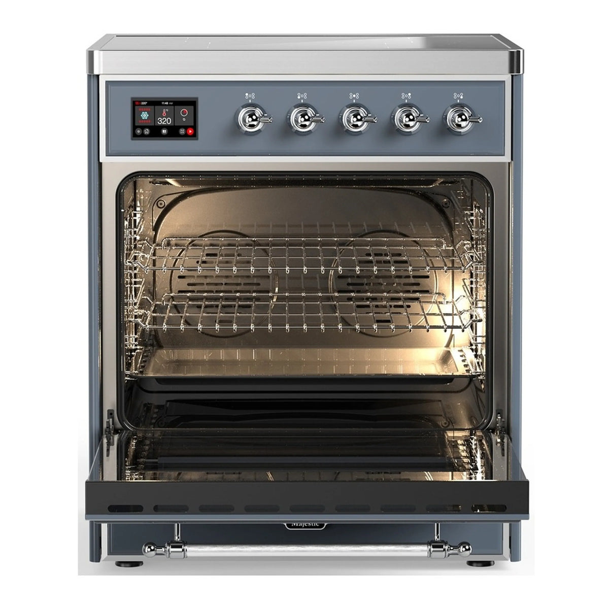 Blue grey induction oven with open door, racks and heating elements visible