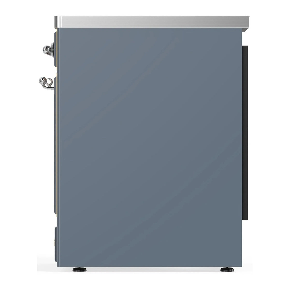 Blue grey solid oven door panel with chrome trim and side handle
