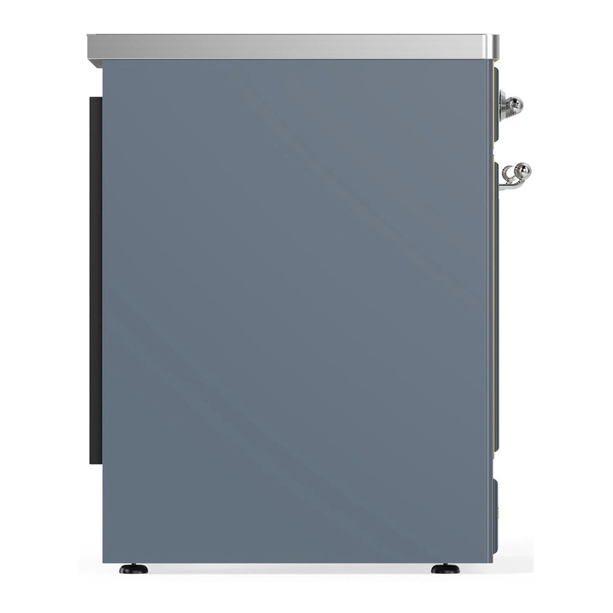 Blue grey solid oven door with chrome side hinge and corner trim
