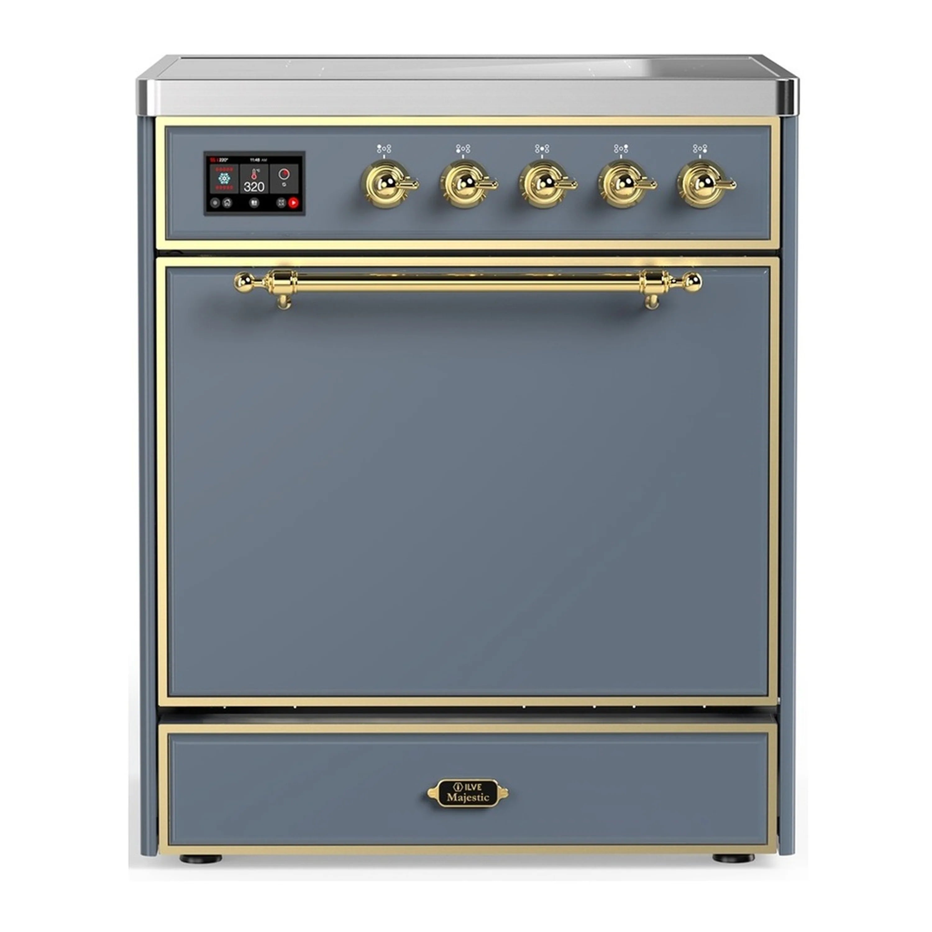 Blue-gray induction range with brass trim, oven door, and control panel with knobs
