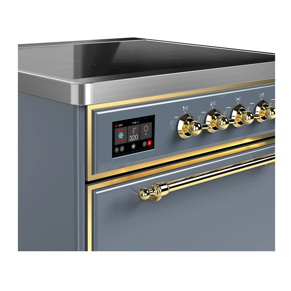 Blue-gray induction range front with brass knobs and digital display control panel