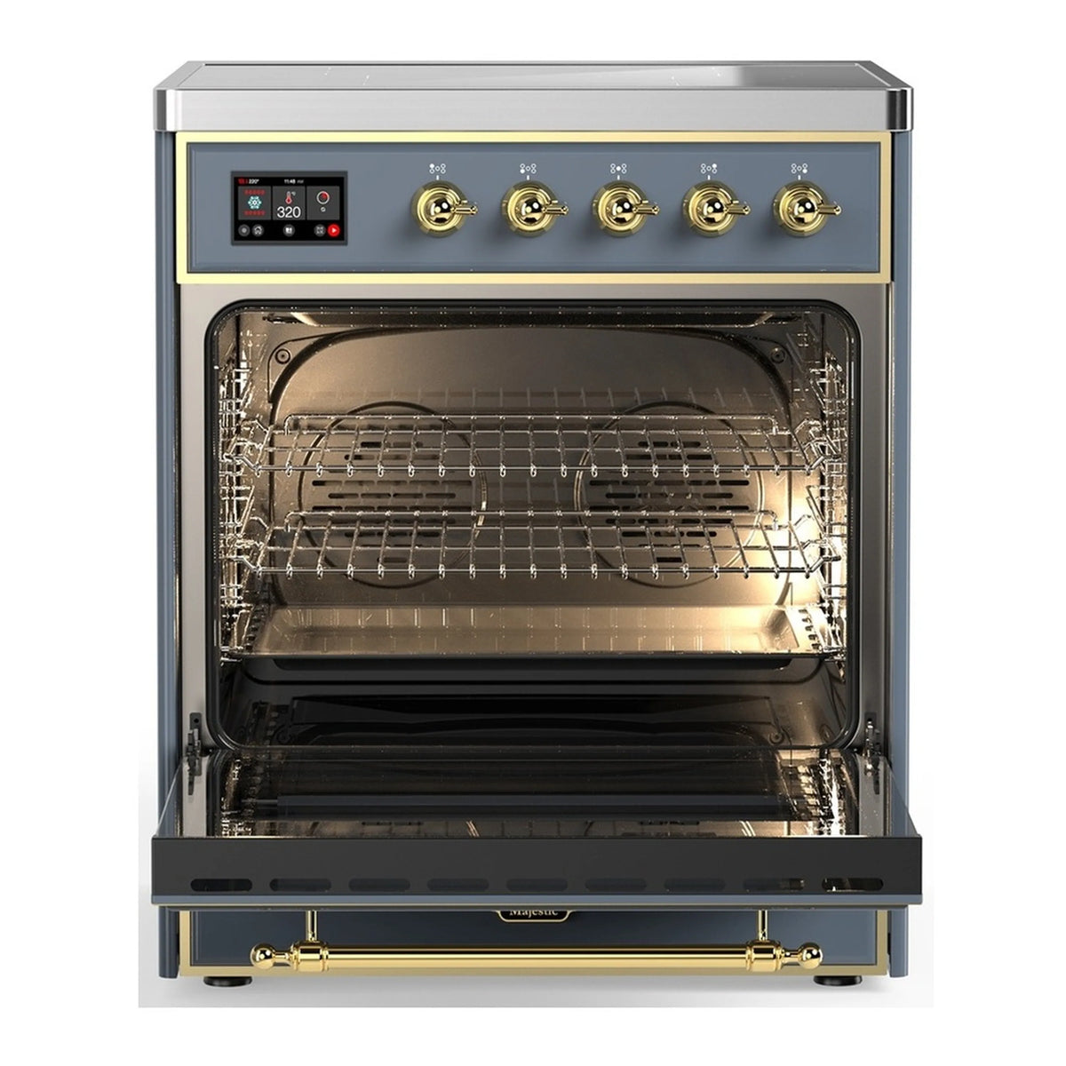 Blue-gray electric oven with open door, wire rack, and interior light