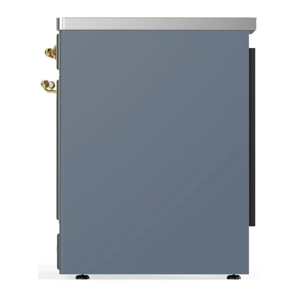 Blue-gray oven door side view with brass handle and trim on induction range