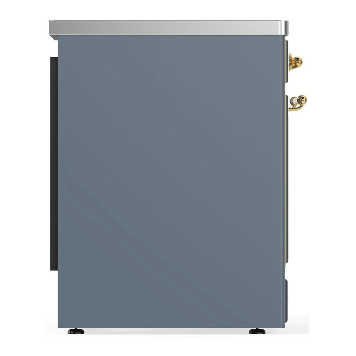 Blue-gray induction range rear/side view with brass handle accents and feet