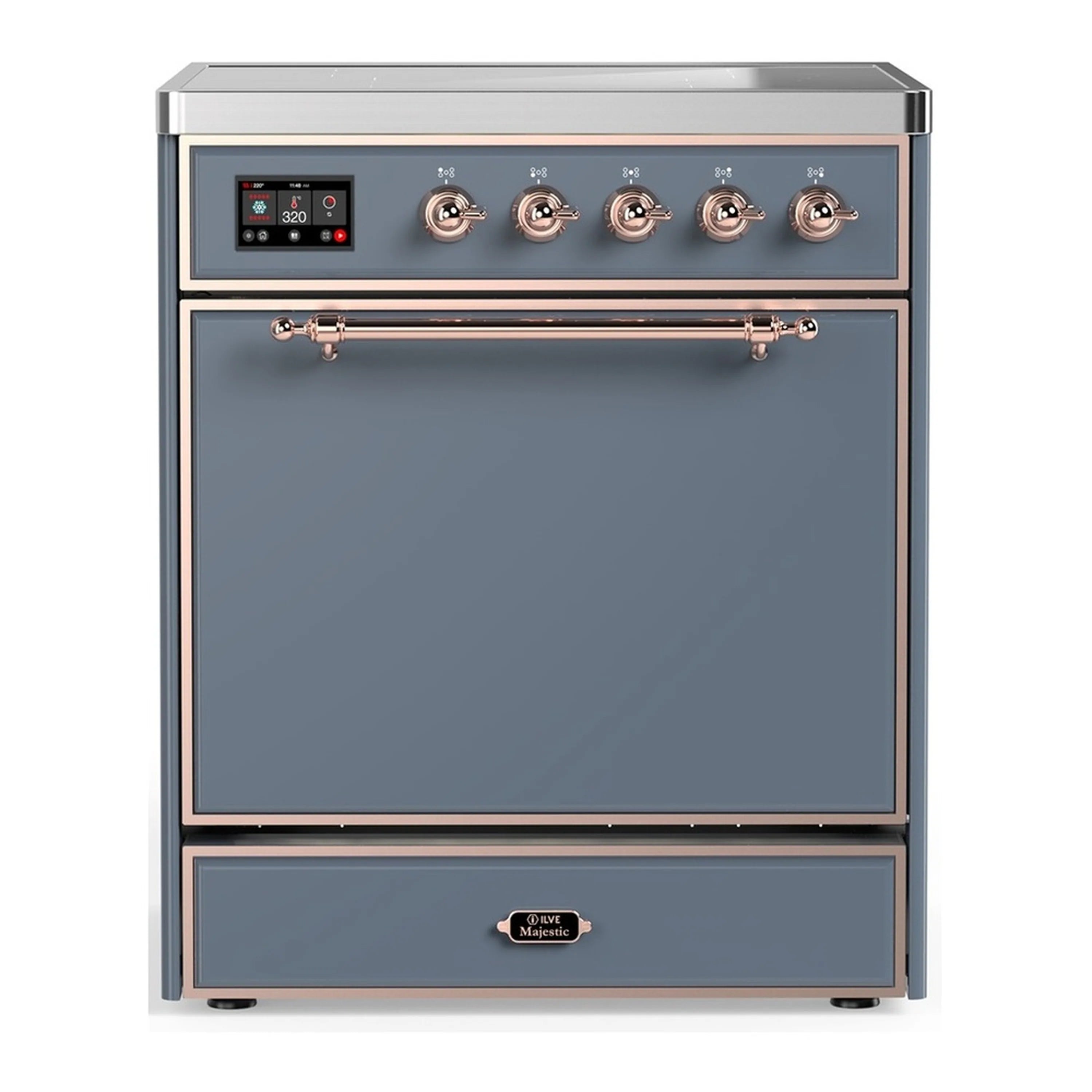 Blue-grey electric induction range with copper trim, solid oven door and control panel