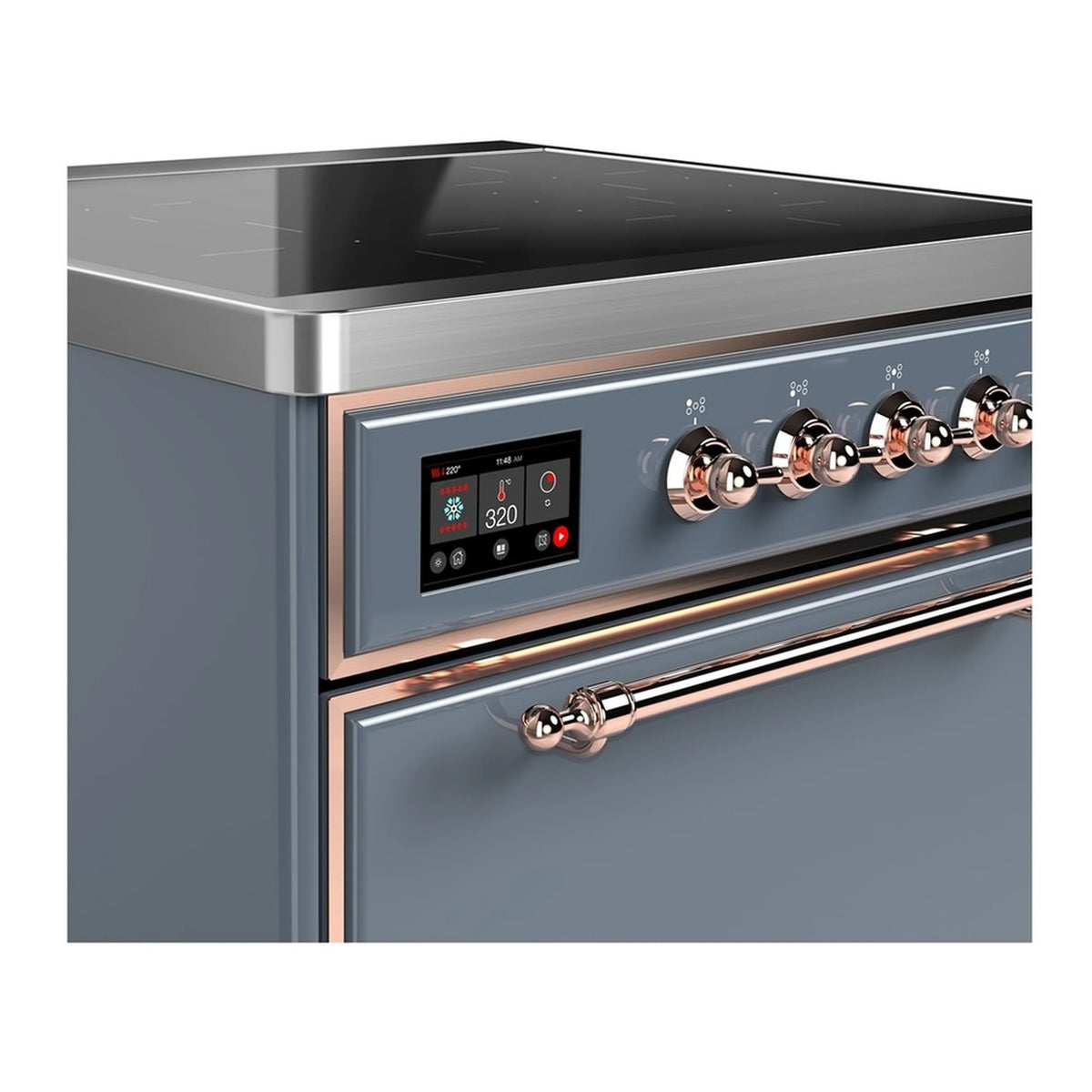 Induction range control panel with digital display and copper-knob burner controls